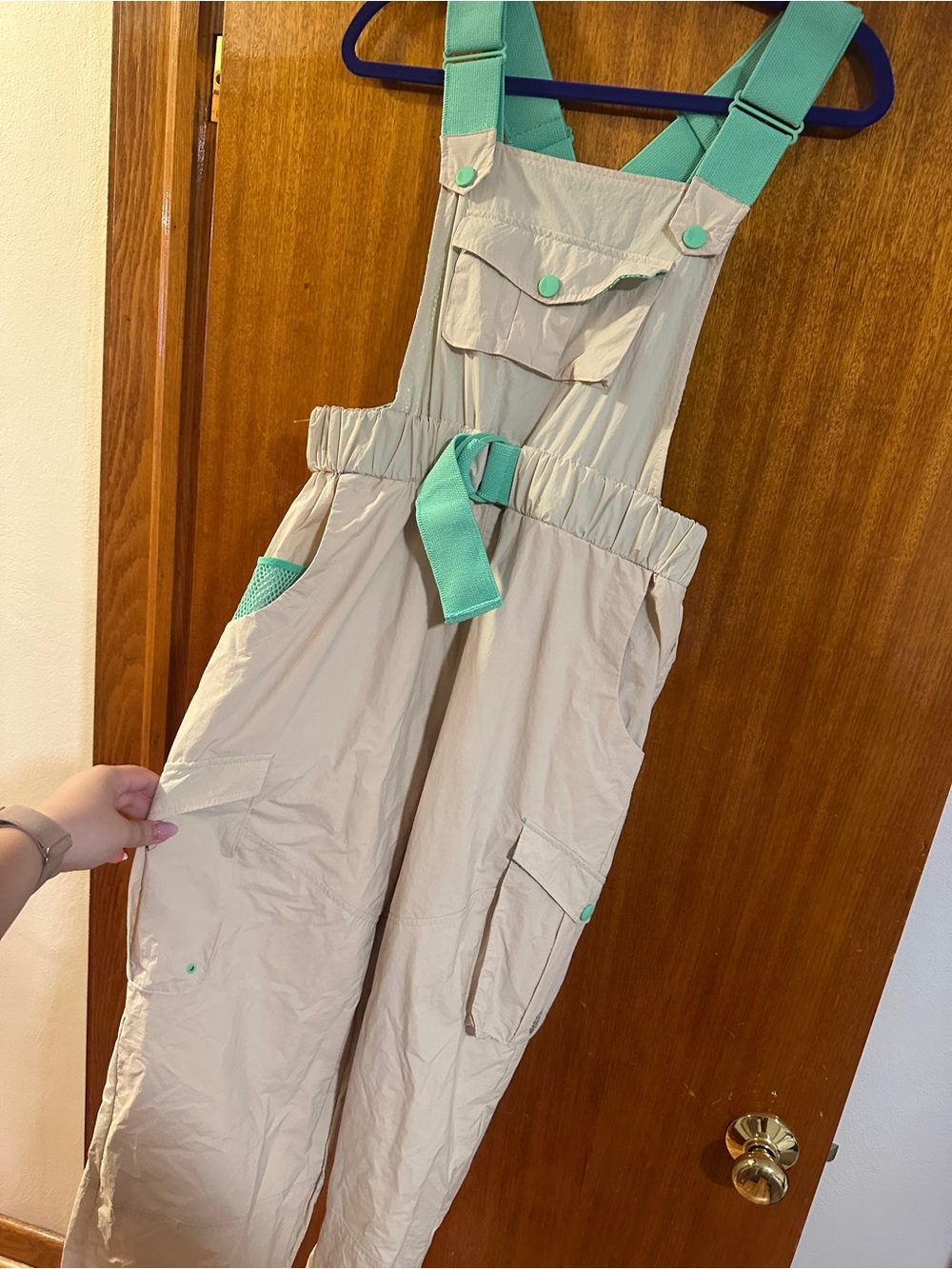 Free people Beige Utility Cargo Overalls with Mint Straps